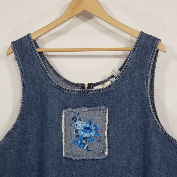 Vintage Sunshine Apparel Sleeveless Denim Dress Embroidered Floral Applique 3X - Picture 4 of 4